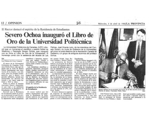 Severo Ochoa inaugura el libro de oro  de la Universidad Politécnica de Canarias. 1988 La Provincia