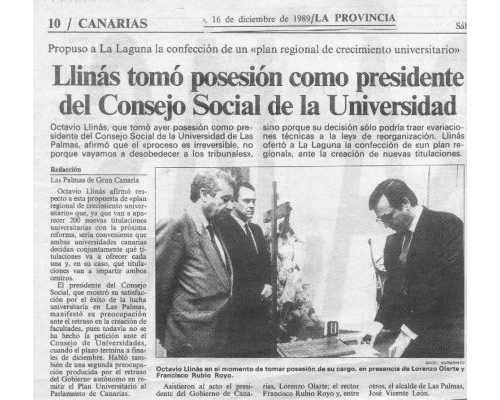 Llinás tomó posesión como Presidente del Consejo Social de la Universidad de Las Palmas. 1989 La Provincia