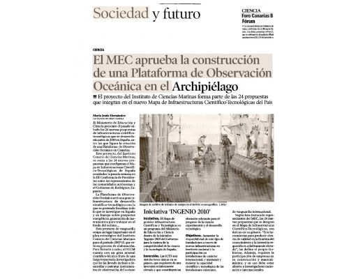 2007 La Provincia: El MEC aprueba la construcción de una Plataforma de Observación  Oceánica en el Archipiélago
