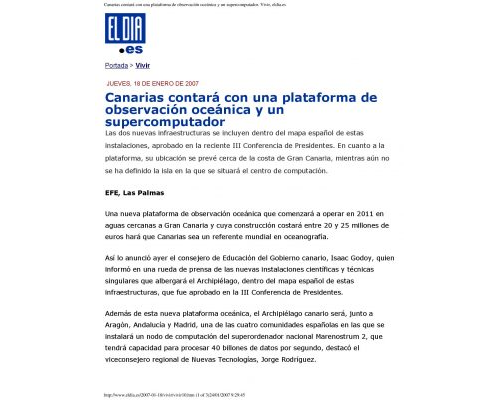 2007 El Día: Canarias contará con una plataforma de  observación oceánica y un  supercomputador