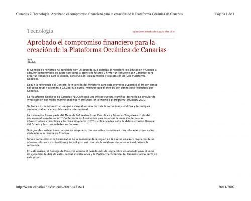 2007 Aprobado el compromiso financiero para la  creación de la Plataforma Oceánica de Canarias