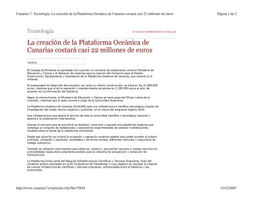 2007 Canarias 7:  La creación de la Plataforma Oceánica de  Canarias costará casi 22 millones de euros