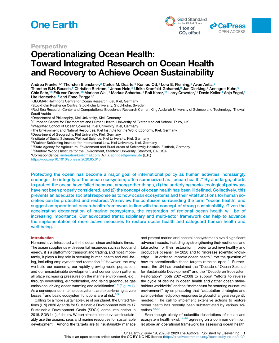 Operationalizing Ocean Health: Toward Integrated Research on Ocean Health and Recovery to Achieve Ocean Sustainability Andrea (2020)